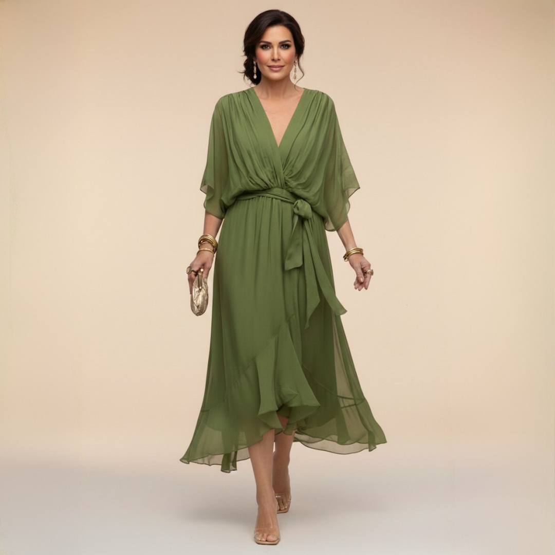 Chiffon V-Neck Dress with Flowing A-Line Silhouette and Lined Interior