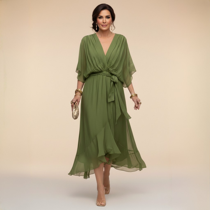 Chiffon V-Neck Dress with Flowing A-Line Silhouette and Lined Interior