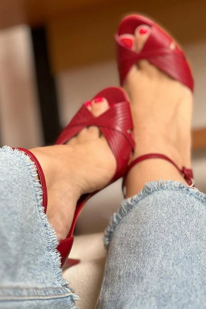 Red Stiletto Boot with Braided Details and Slim Profile