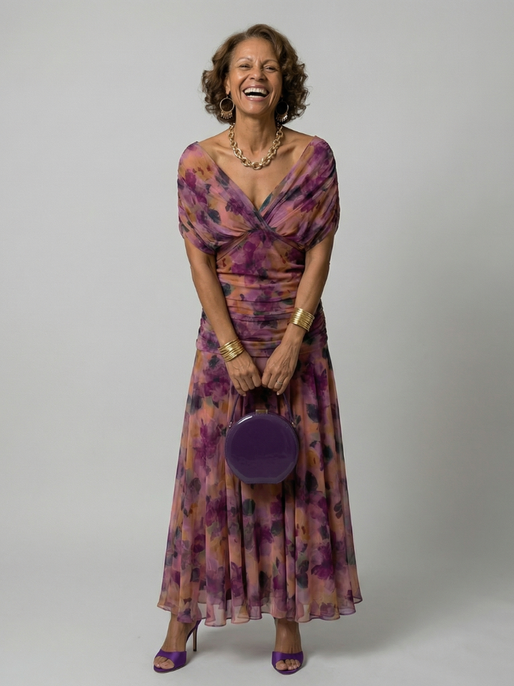 Off Shoulder Midi Dress with Draped Neckline and Flared Skirt