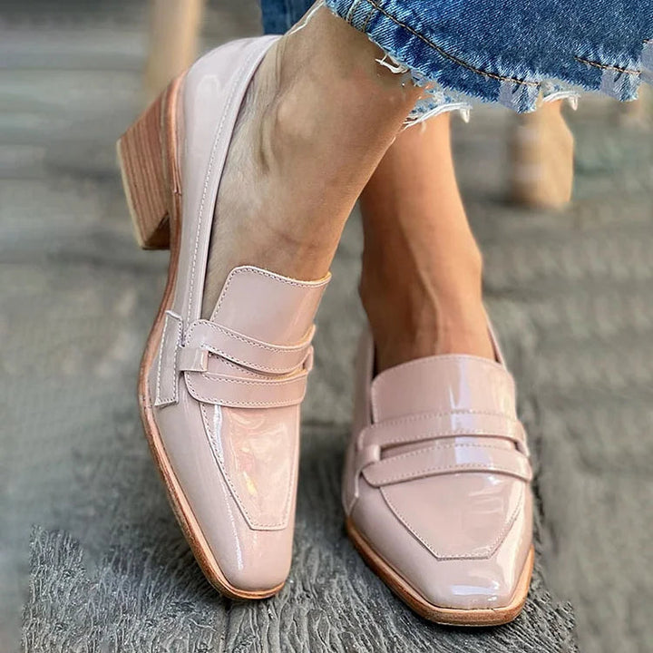 Slip-On Loafers with Wide Block Heel and Reflective Finish