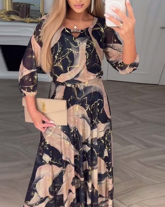 Printed Chiffon A-Line Maxi Dress with Round Neckline