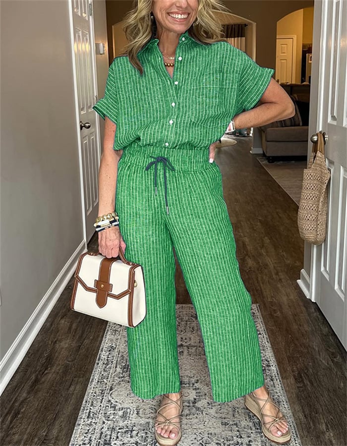Striped Linen Cotton Shirt and Pants Set with Functional Pockets