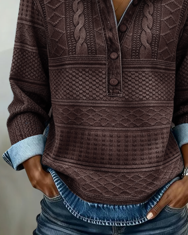 Collared Sweatshirt with Half Button Placket and Textured Knit, Contrast Trim