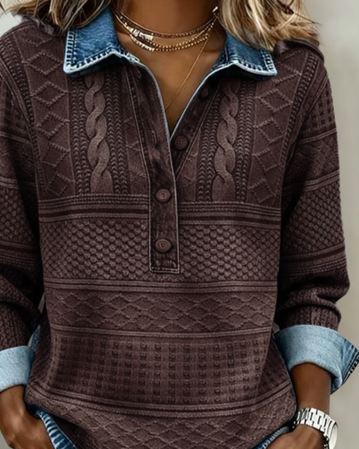 Collared Sweatshirt with Half Button Placket and Textured Knit, Contrast Trim