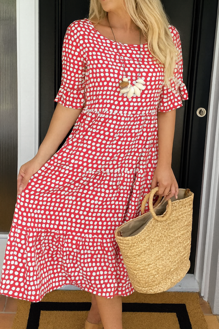Short Sleeve Midi Dress with Relaxed Silhouette and Round Neckline