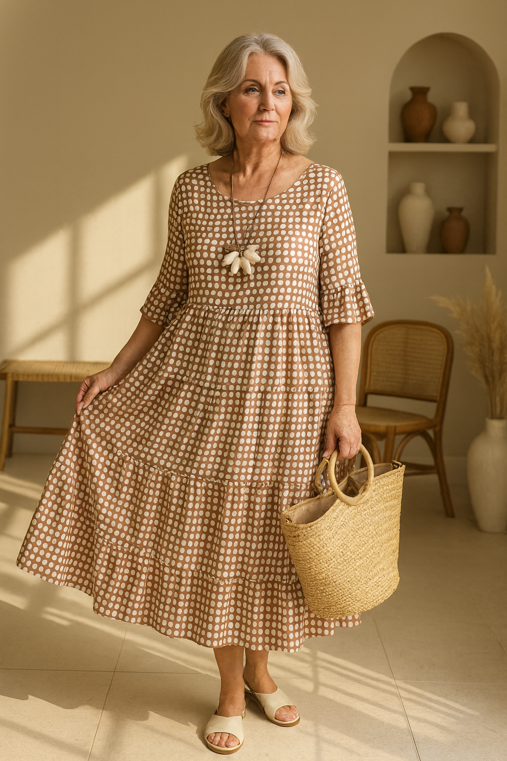 Short Sleeve Midi Dress with Relaxed Silhouette and Round Neckline