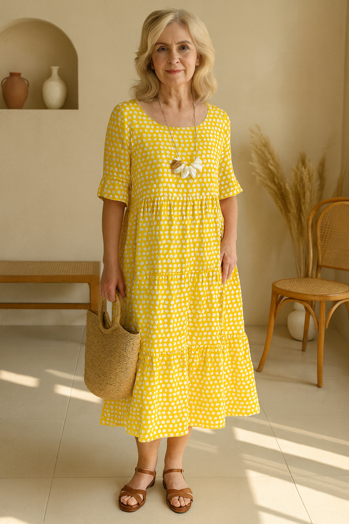 Short Sleeve Midi Dress with Relaxed Silhouette and Round Neckline
