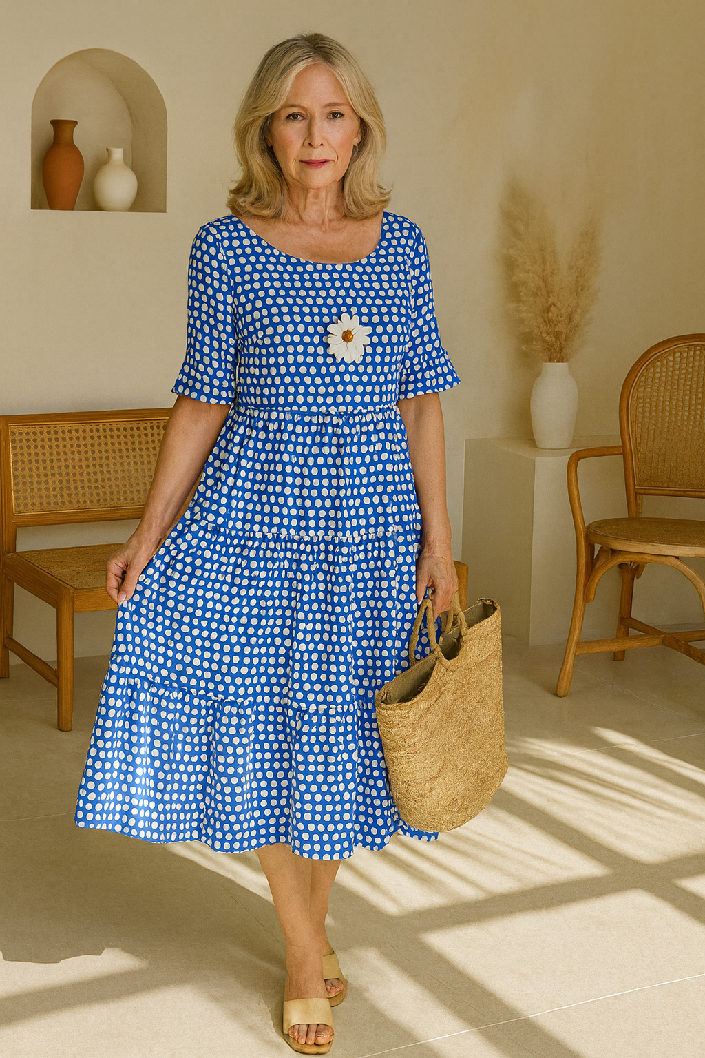 Short Sleeve Midi Dress with Relaxed Silhouette and Round Neckline