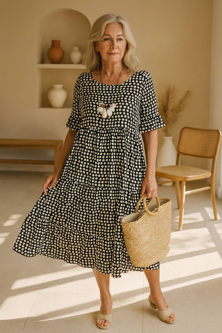 Short Sleeve Midi Dress with Relaxed Silhouette and Round Neckline