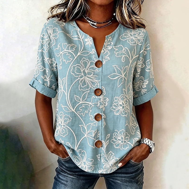 Women's V-Neck Blouse with Floral Print and Half Sleeves