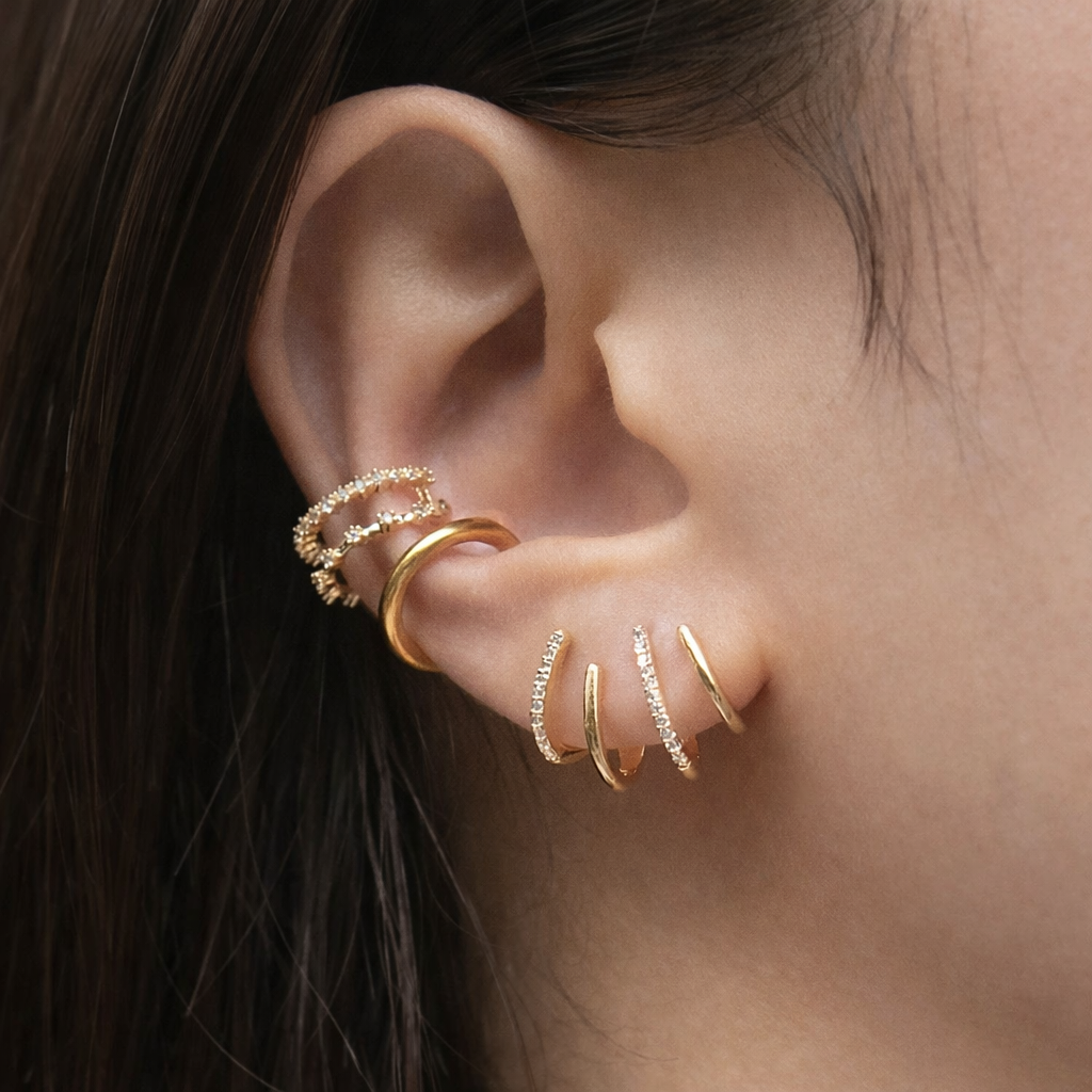 Spiral Wrap Ear Cuff with Zircon Stones, Gold-Plated Copper Alloy