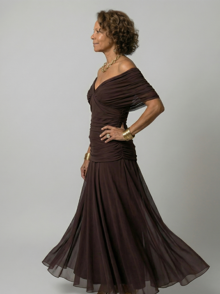 Off Shoulder Midi Dress with Draped Neckline and Flared Skirt