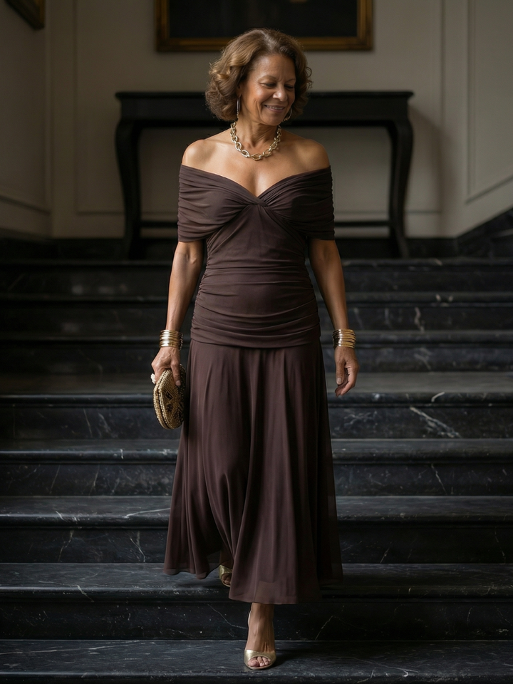 Off Shoulder Midi Dress with Draped Neckline and Flared Skirt