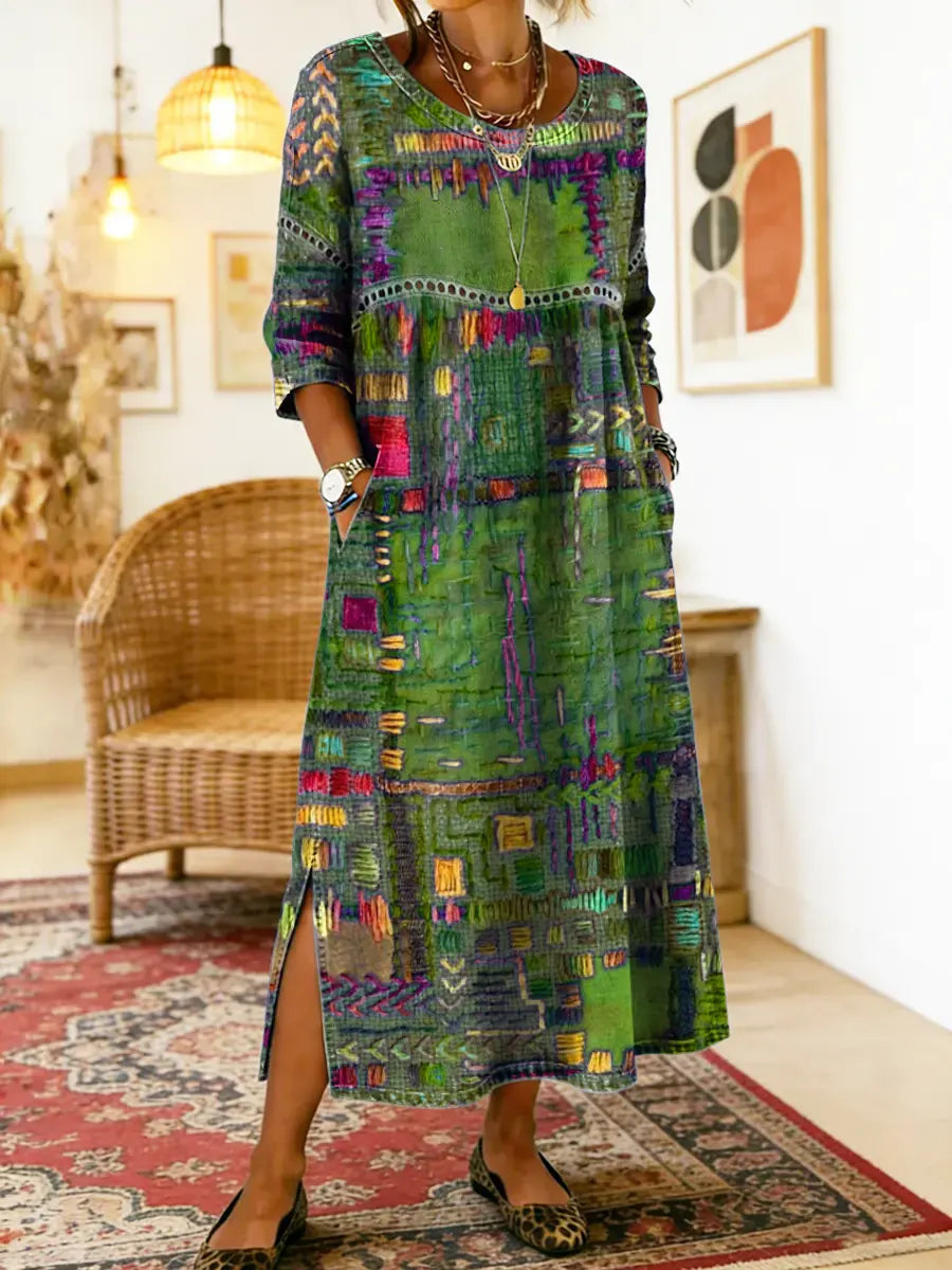 Printed Midi Dress with Long Sleeves and Relaxed Fit, Round Neckline