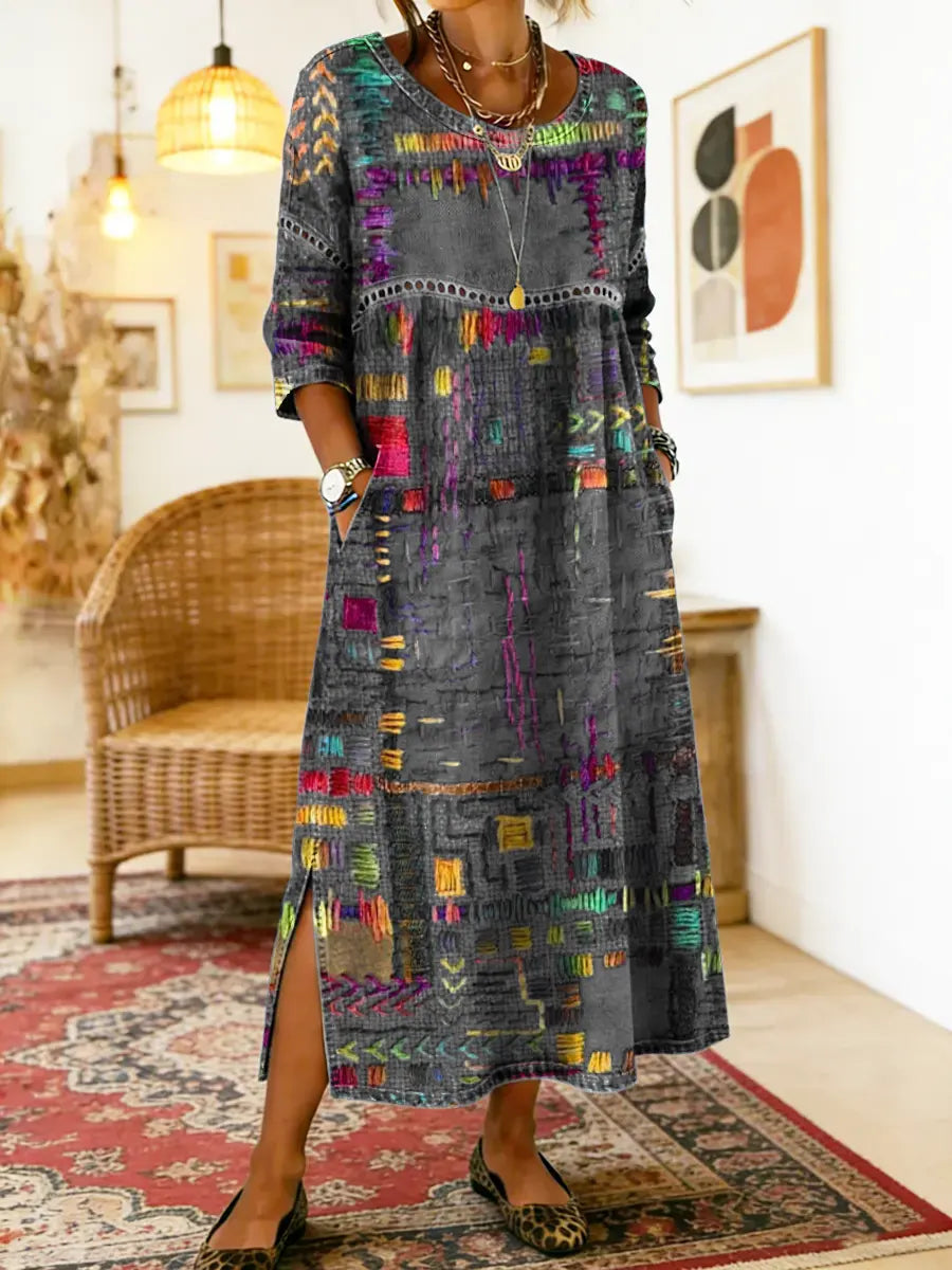 Printed Midi Dress with Long Sleeves and Relaxed Fit, Round Neckline