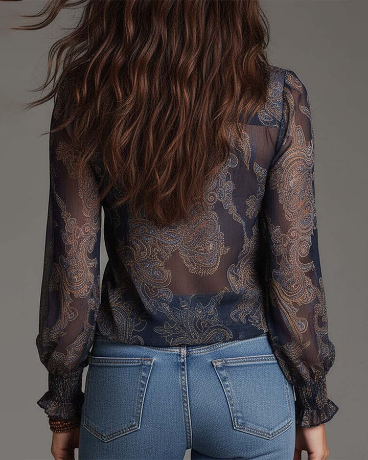 Printed Cotton Blend Blouse with Ruffle Sleeves and Demi-Zip V-Neck