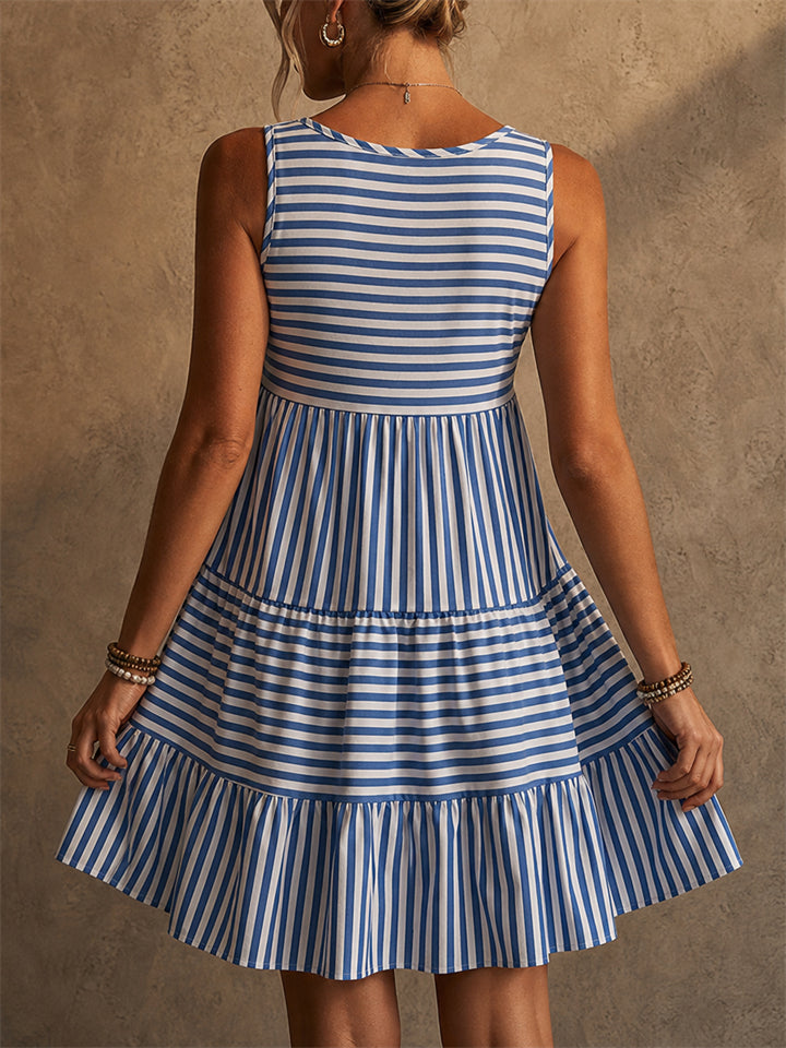 Striped Sleeveless Mini Dress with Pullover Design and Polyester Spandex Blend