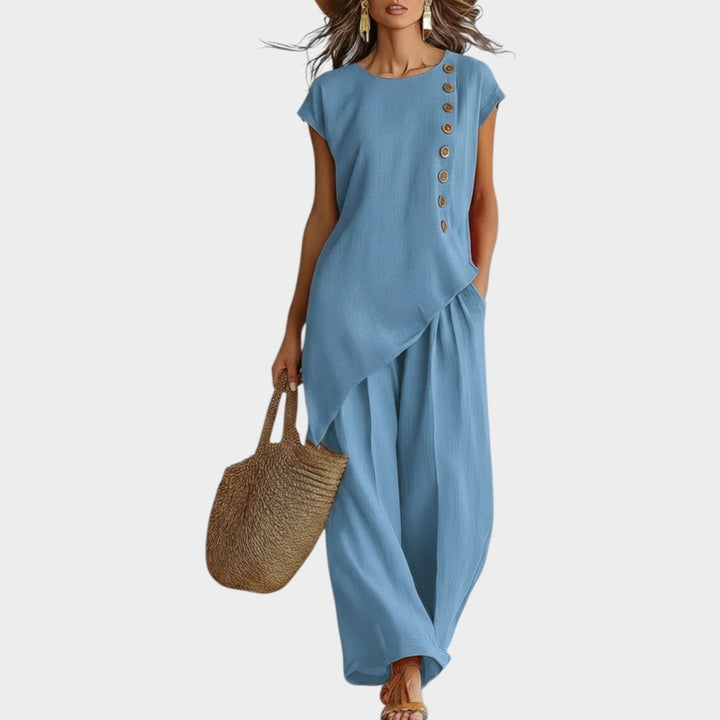 Asymmetric Top with Wide-Leg Pants and Button Accents, Breathable Fabric