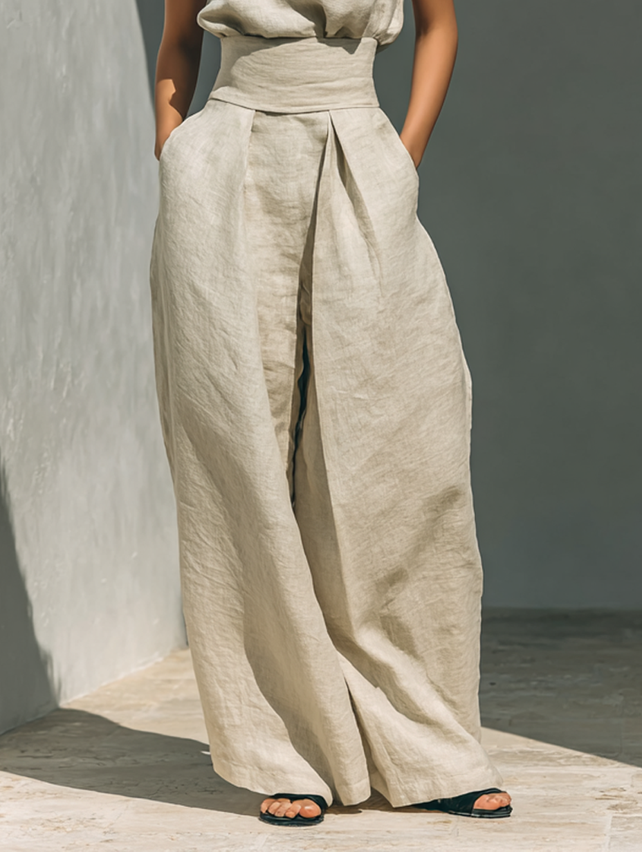 Women's Sleeveless Tank Top and Wide-Leg Pants Set with Cotton Linen Blend