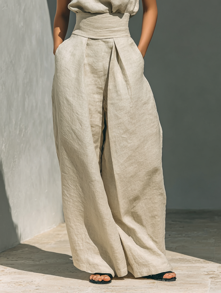 Women's Sleeveless Tank Top and Wide-Leg Pants Set with Cotton Linen Blend
