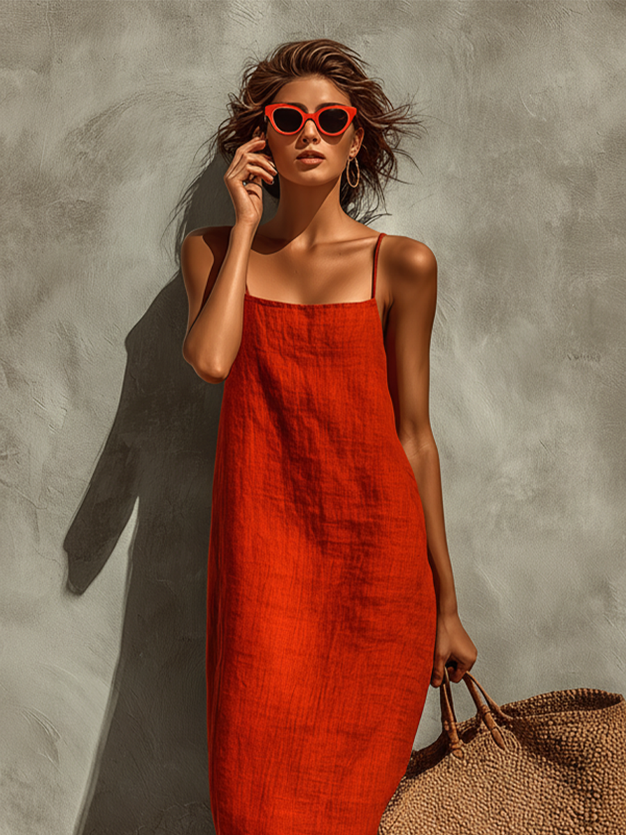 Women's Maxi Dress with Square Neckline and Adjustable Straps, Breathable Fabric