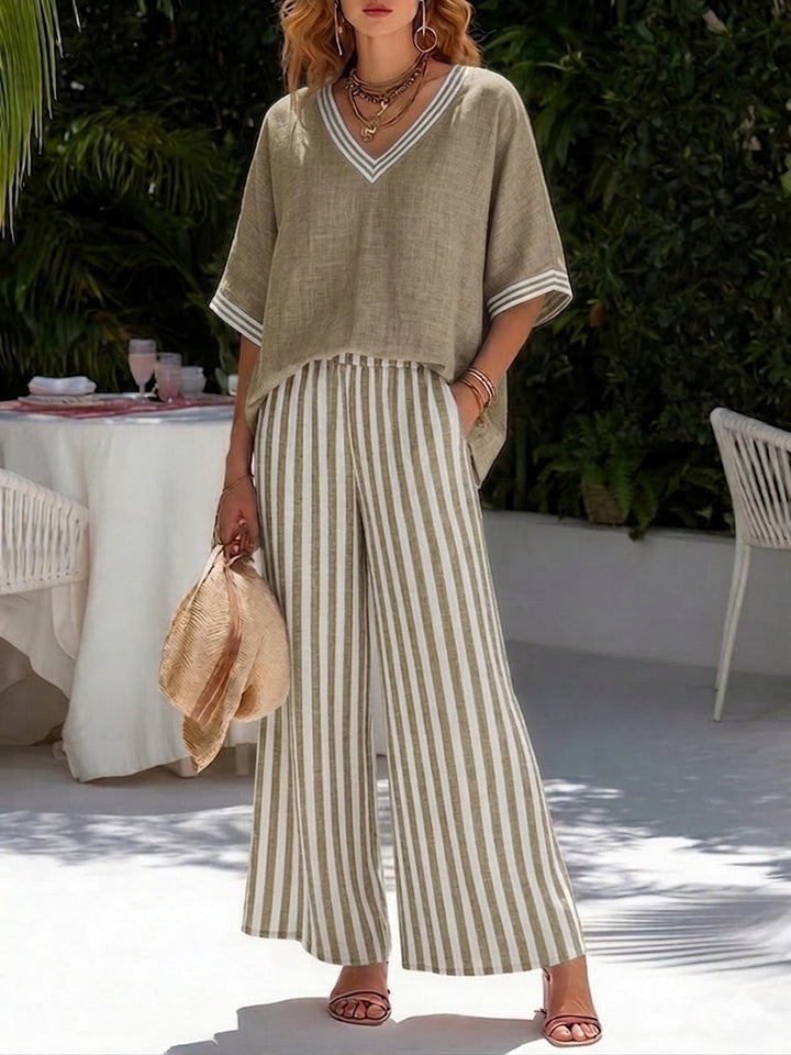 Two-Piece Linen-Blend Set with V-Neckline Top and Relaxed Pants