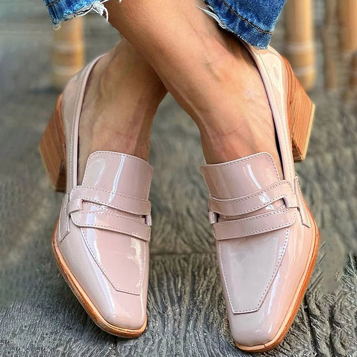 Slip-On Loafers with Wide Block Heel and Reflective Finish