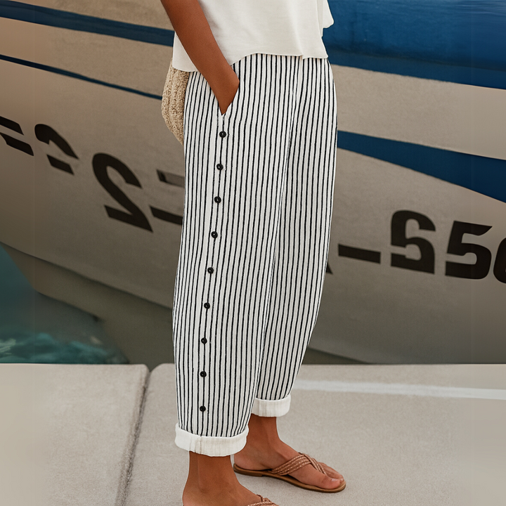Vertical Striped Button-Front Pants with High-Rise Waist and Tailored Fit
