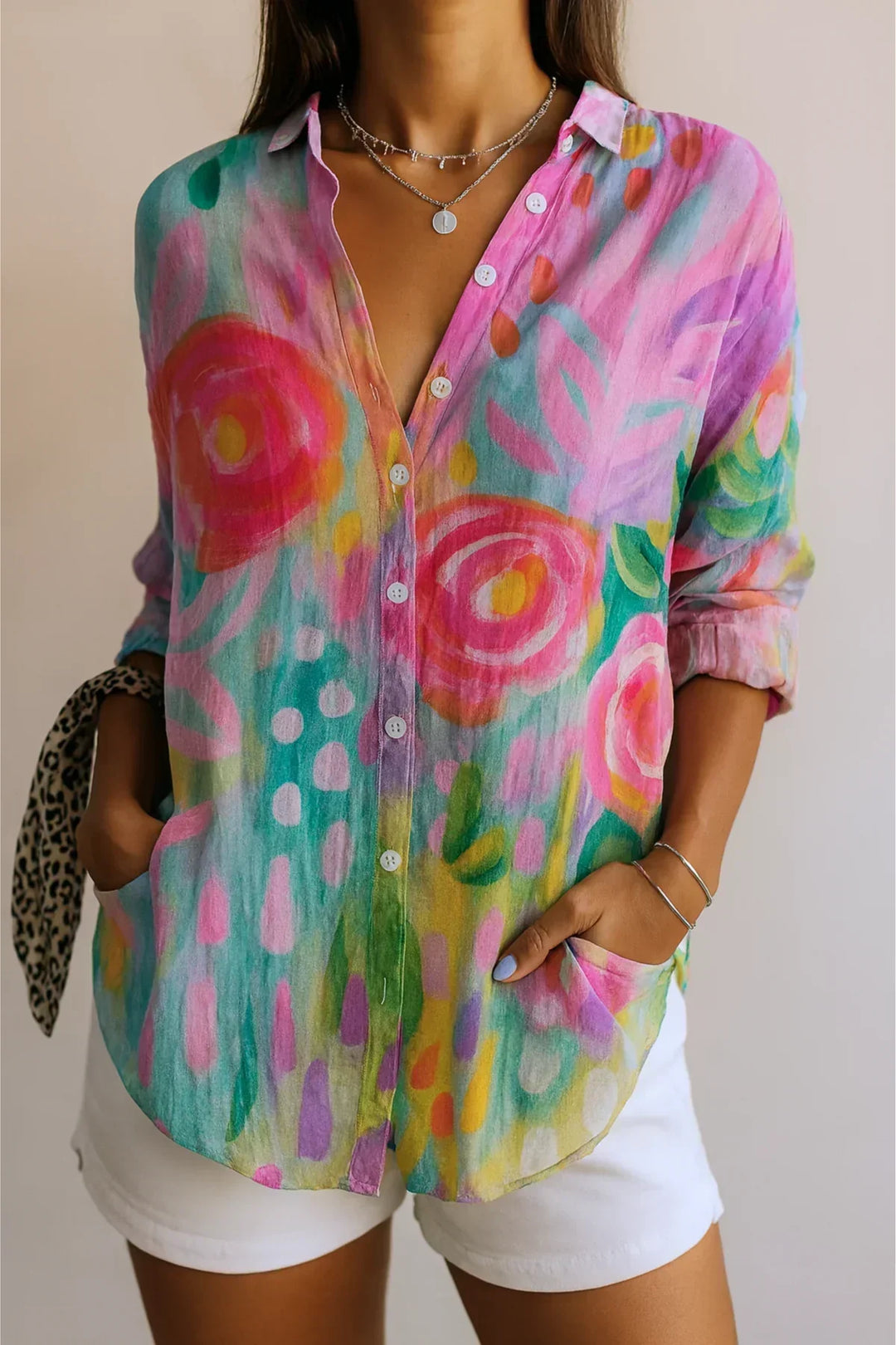 Midi Blouse with Embroidered Details and Stretch Fabric, Colorful Pattern