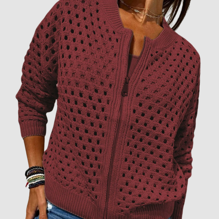 Women's Hollow-Knit Cardigan with Full-Length Zipper and Relaxed Fit