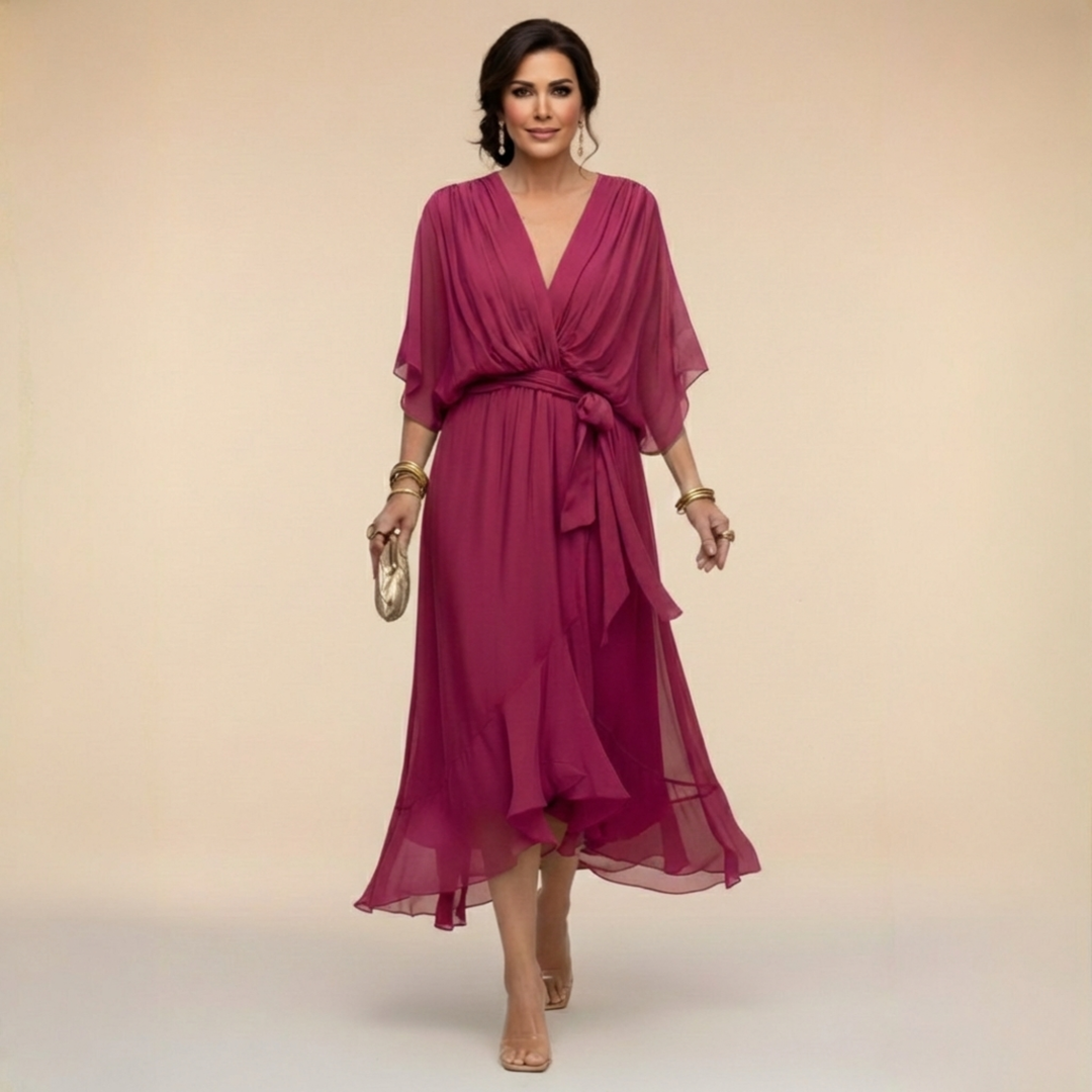 Chiffon V-Neck Dress with Flowing A-Line Silhouette and Lined Interior