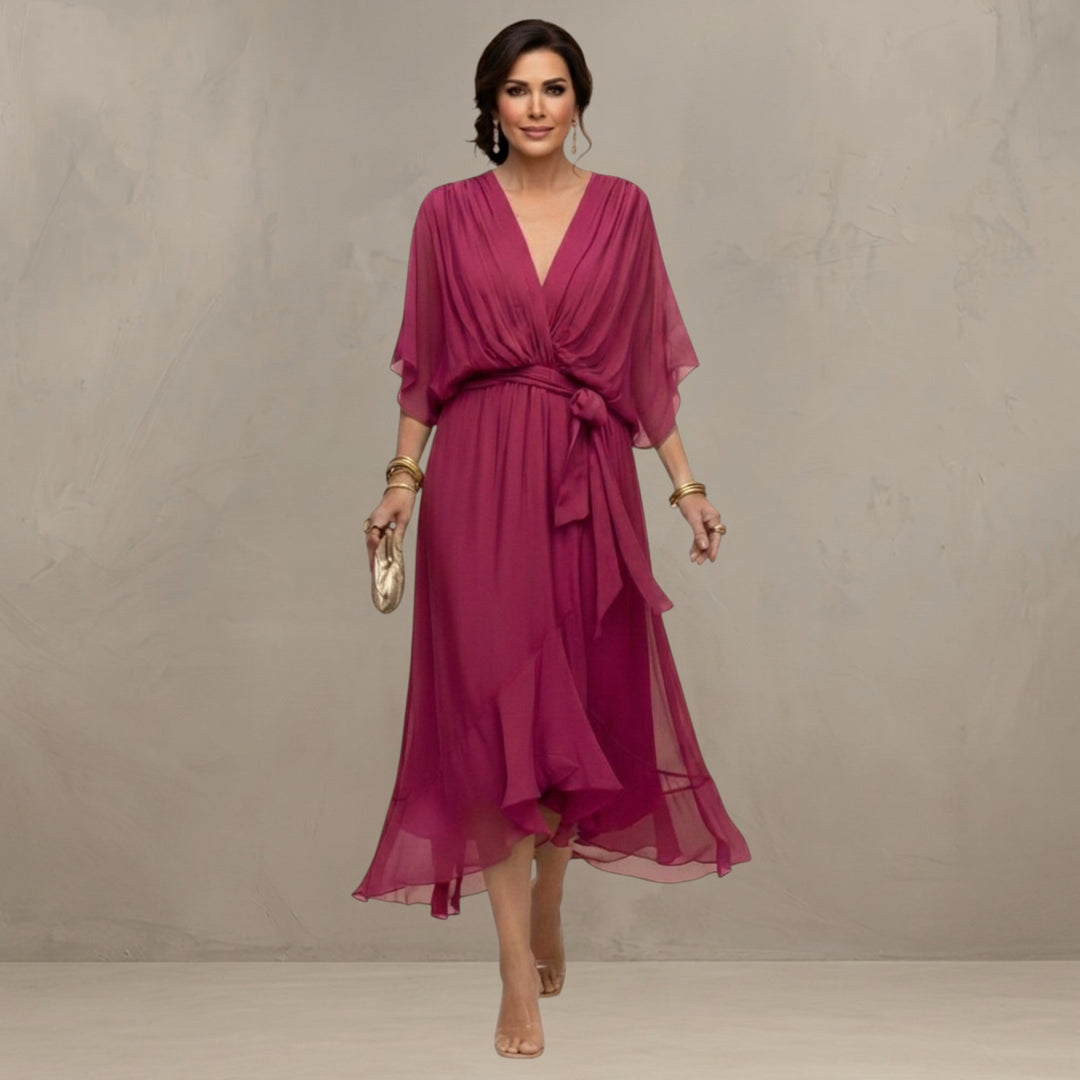 Chiffon Dress with V-Neckline and Flowing Silhouette