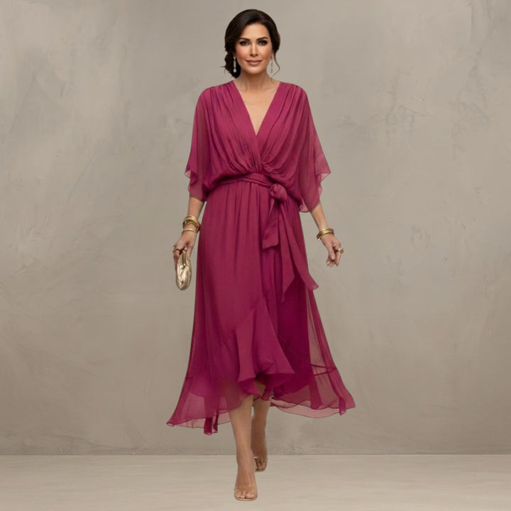 Chiffon Dress with V-Neckline and Flowing Silhouette