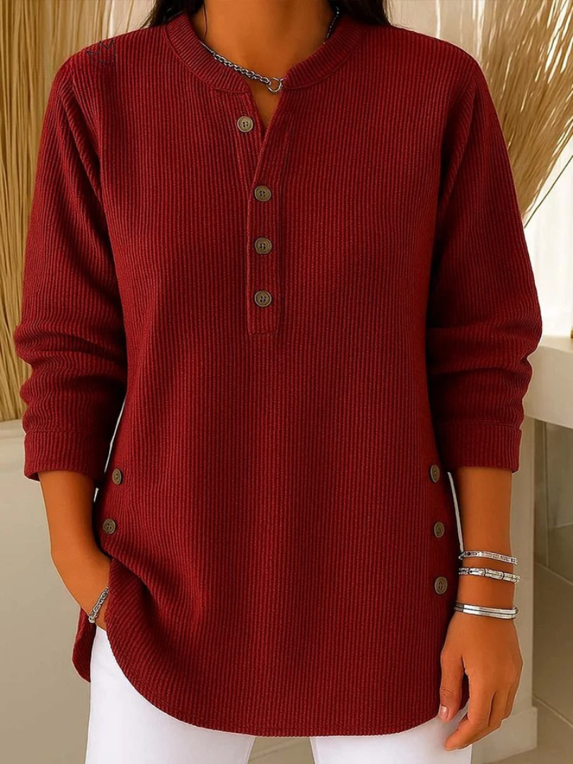 Crew-Neck Pullover Sweater with Button Accent Detail