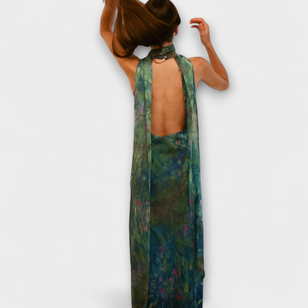 Iris Watercolor Maxi Dress with Keyhole Neckline and Matching Scarf