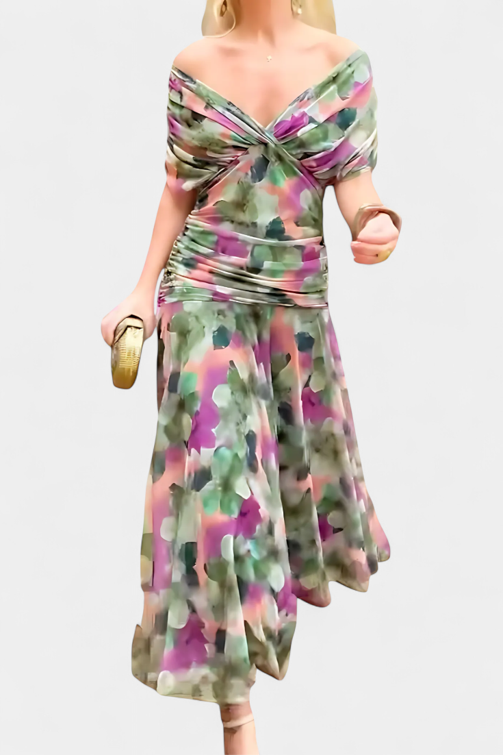 Long Floral Dress with V-Neckline and Pleated Waist Detail