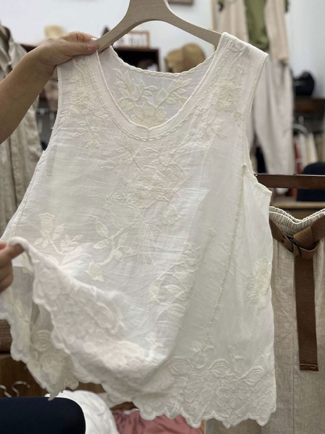 Women's 3/4 Sleeve Shirt with Cotton Linen Blend and Round Neckline