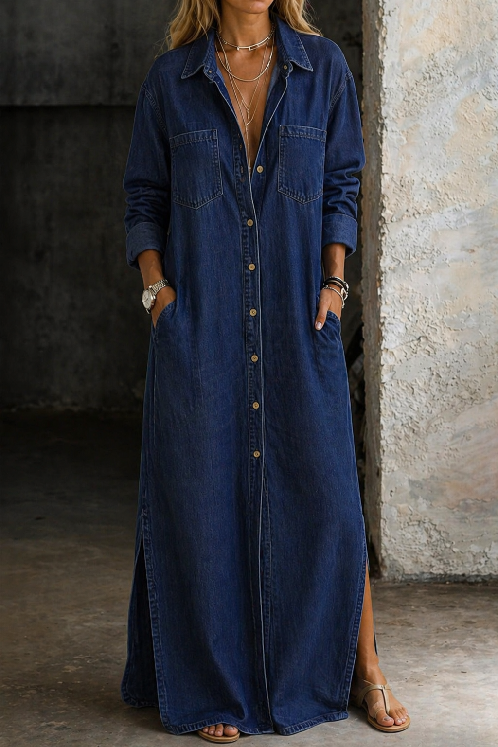 Button Down Dress with Chest Detail and Relaxed Silhouette