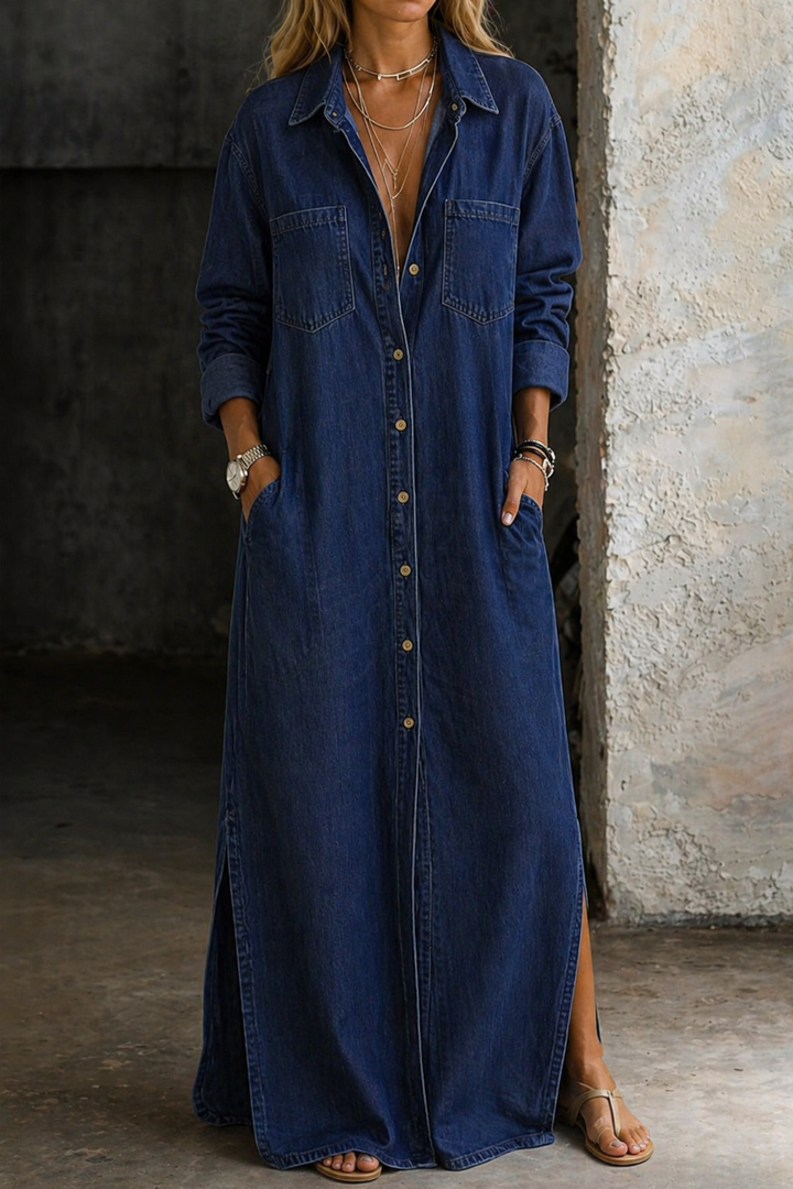 Button Down Dress with Chest Detail and Relaxed Silhouette