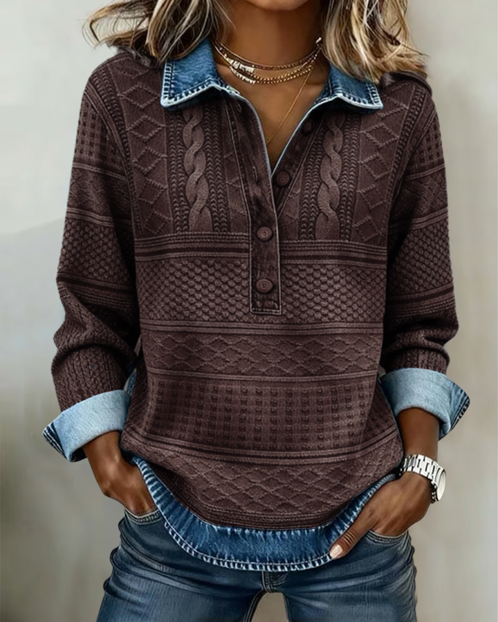 Collared Sweatshirt with Half Button Placket and Textured Knit, Contrast Trim