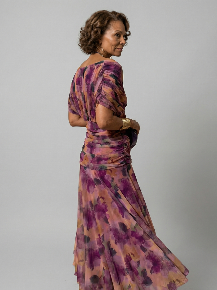 Off Shoulder Midi Dress with Draped Neckline and Flared Skirt