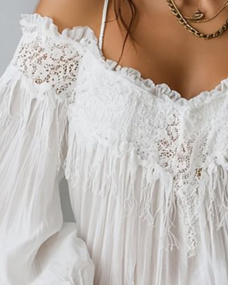 Women's Backless Blouse with Puff Sleeves and Lace Fringe Detail