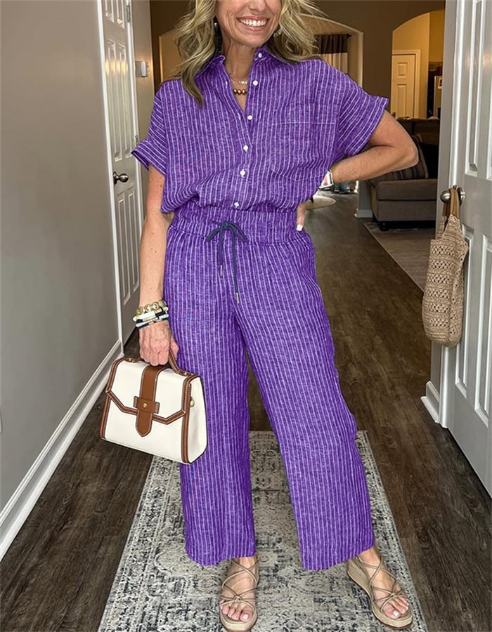 Striped Linen Cotton Shirt and Pants Set with Functional Pockets