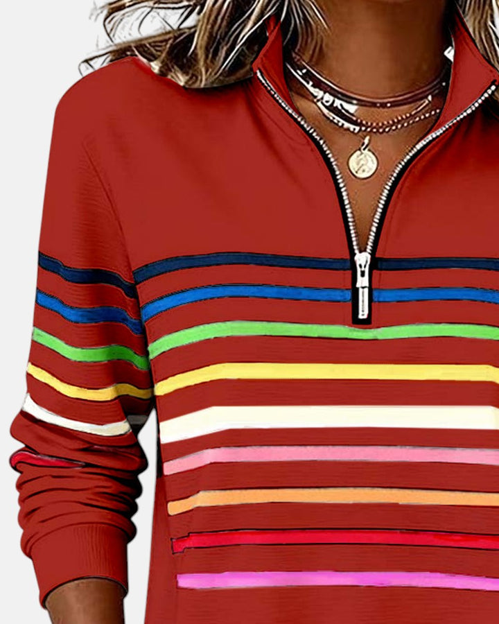 Rainbow Striped Half-Zip Sweatshirt with Stand-Up Collar