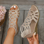 Wedge Sandals with Side Zipper and Open-Toe Design, Perforated Details