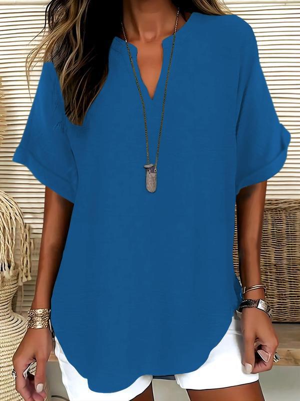 Breathable Notched-Neckline Blouse with Soft-Touch Fabric and Relaxed Fit