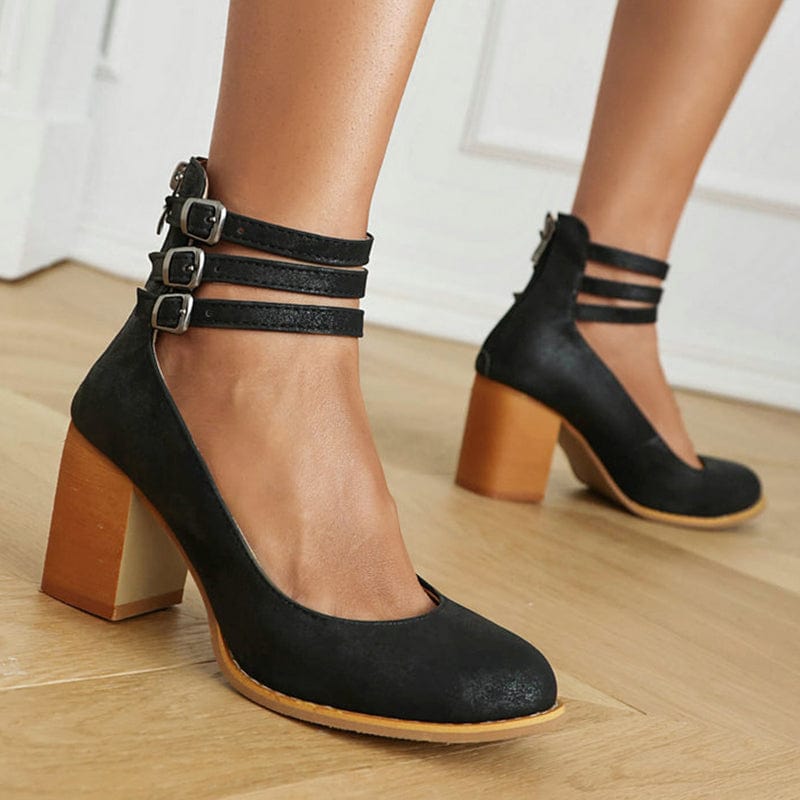 Women's Block Heel Sandals with Triple Ankle Buckle Straps and Adjustable Fit