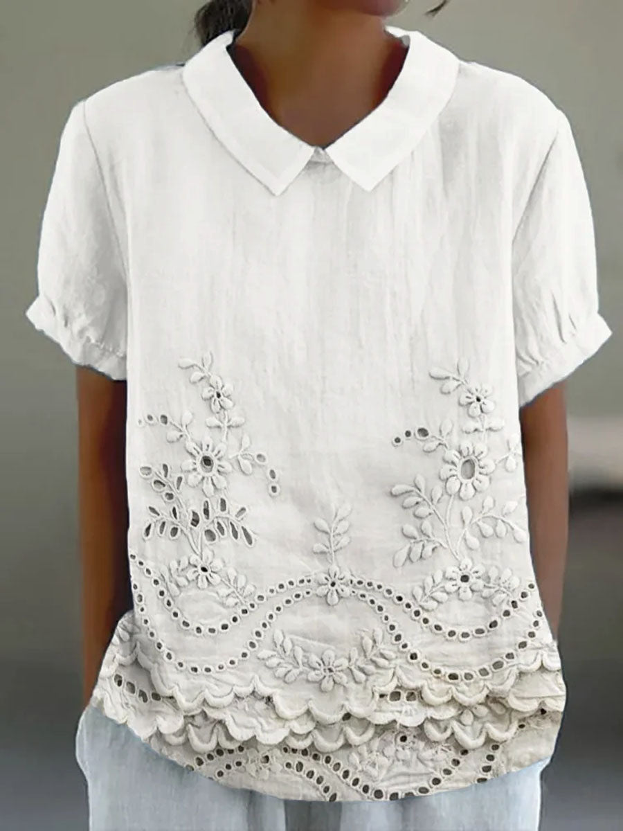 Soft Pink Shirt with Floral Embroidery at Hem and Cotton Linen Blend