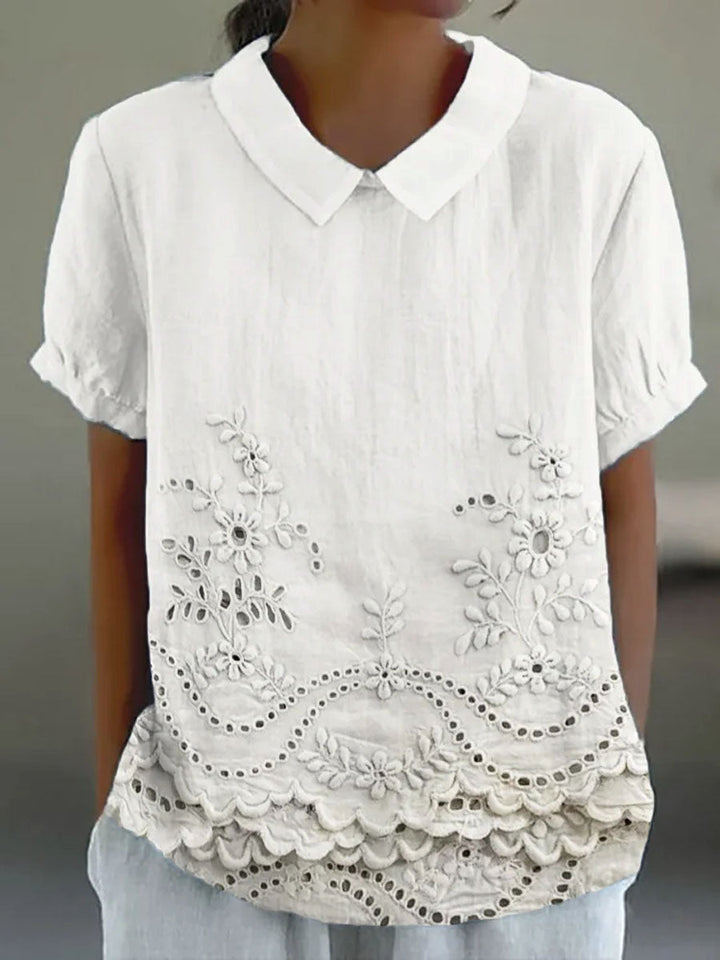 Soft Pink Shirt with Floral Embroidery at Hem and Cotton Linen Blend